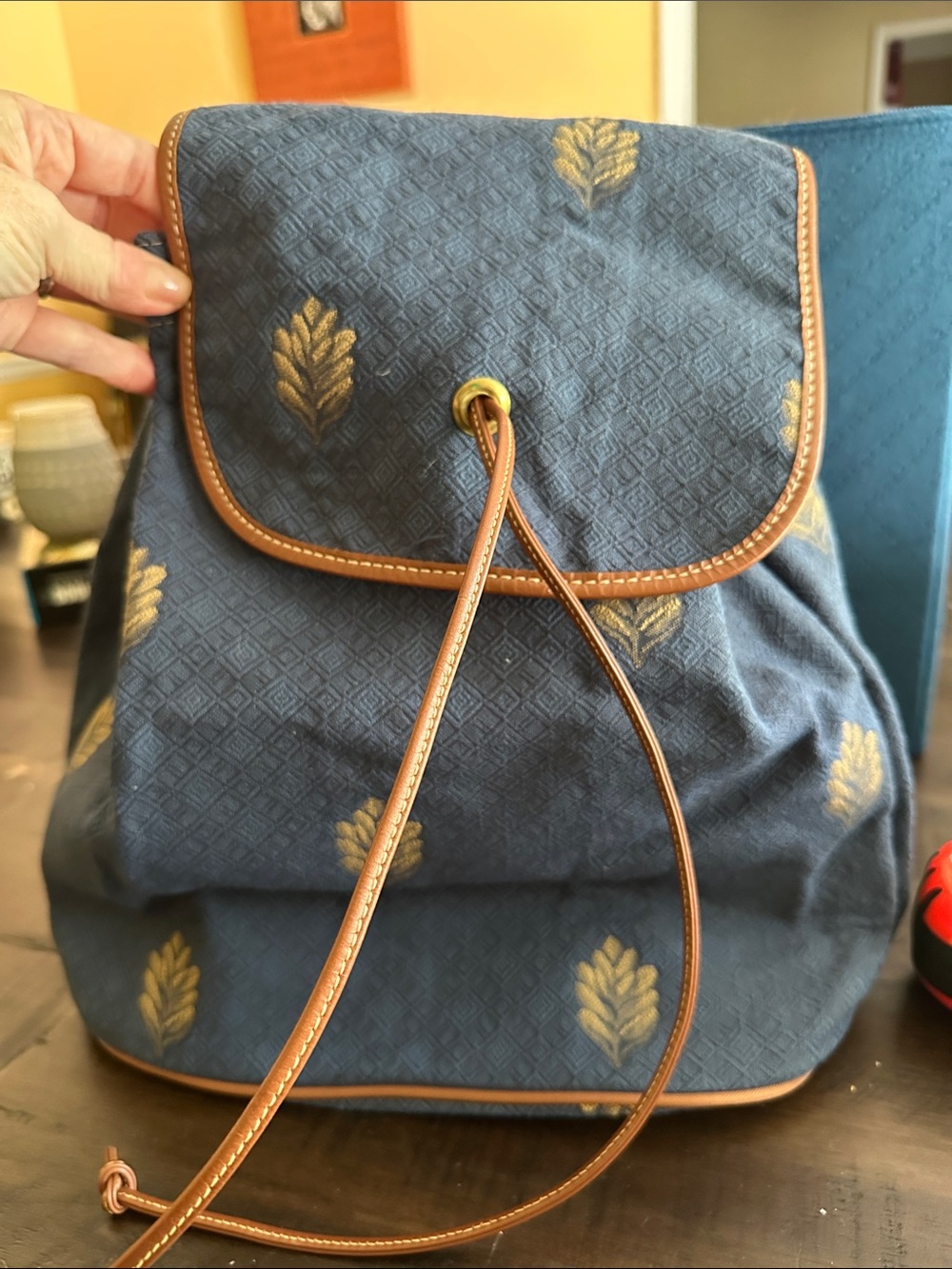Laura Ashley Navy Blue Backpack with Gold Leaf Motif